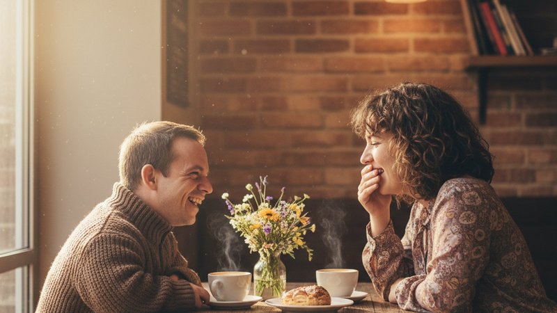 Couple laughing over coffee on a first date