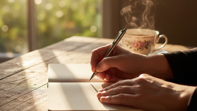 Person writing thoughtfully at a sunlit desk